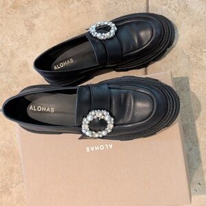 ALOHAS Black Loafers with Pearl Accent